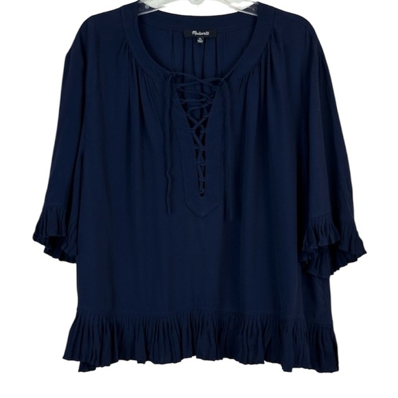 Madewell Tops - Madewell Sunpleat Navy Lace Up Short Sleeve Blouse Size XL 🔥